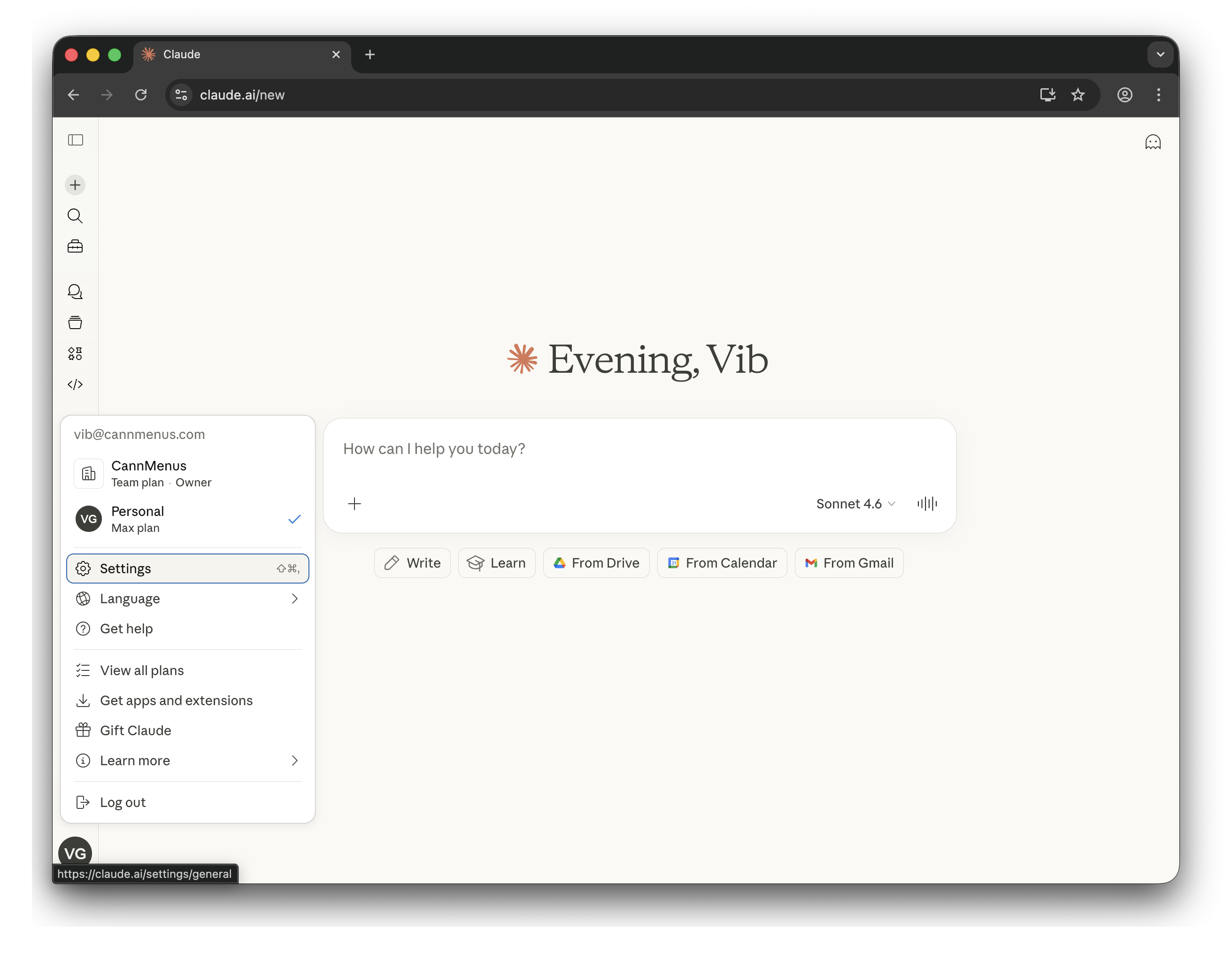 Open Settings from the Claude.ai sidebar
