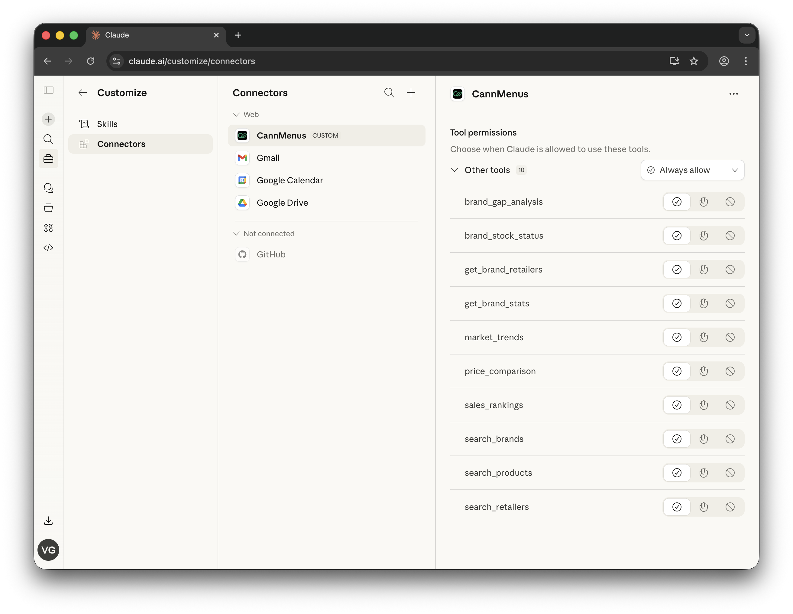 CannMenus tools and permissions in the Customize view