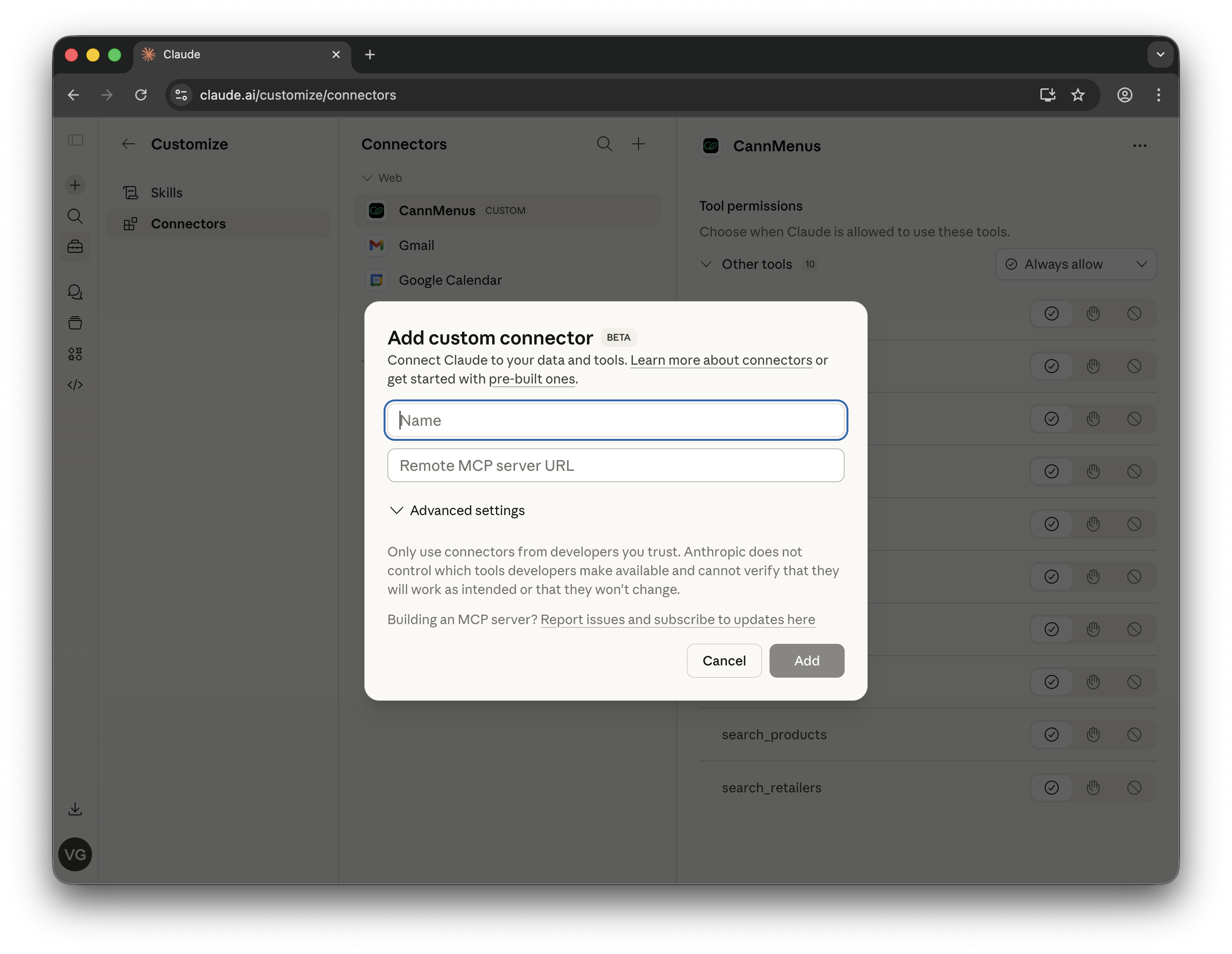Enter the connector name and MCP server URL